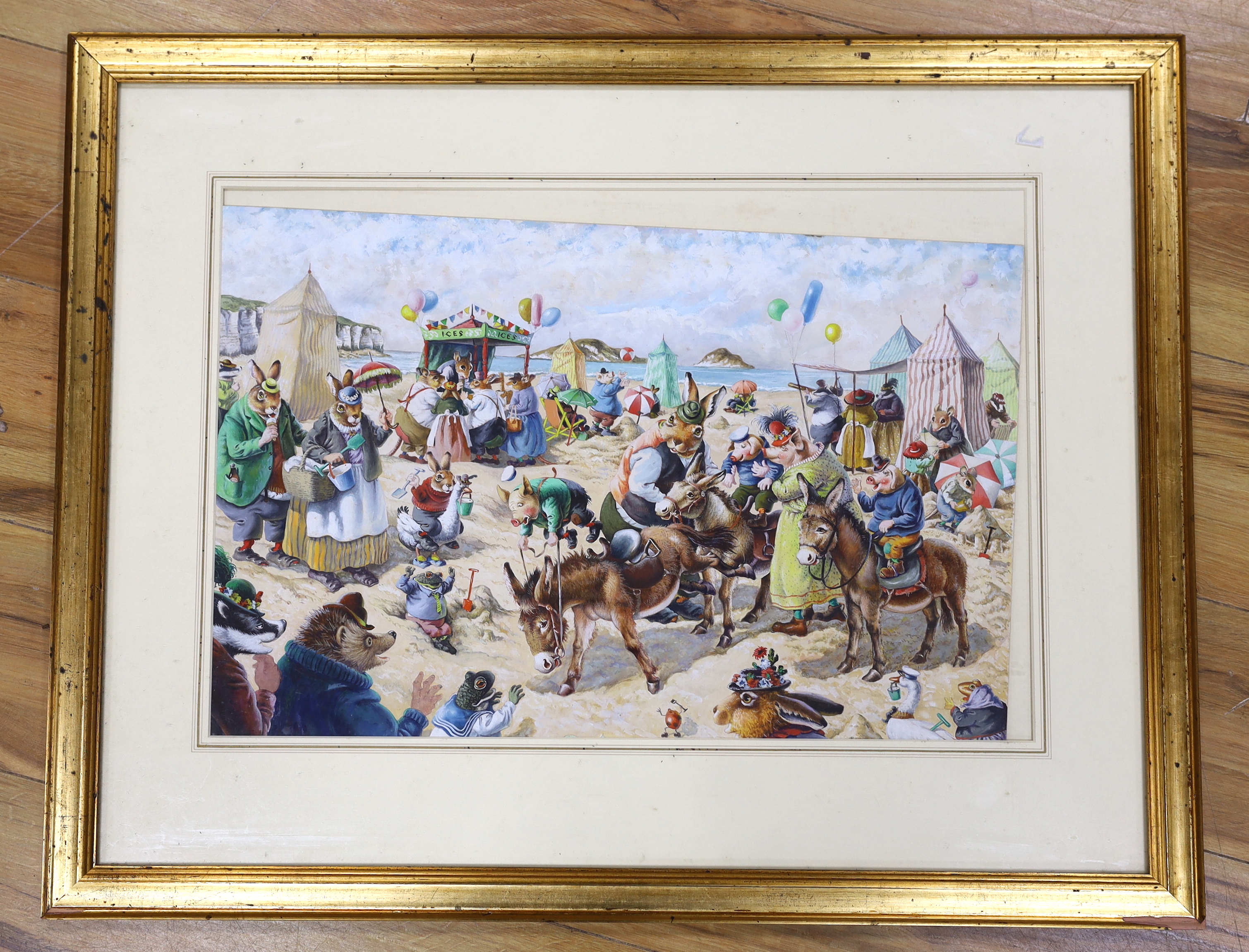 Norman Meredith (1909-2005), watercolour cartoon, 'Sam Pig's first donkey ride', signed and dated 1990, 36 x 54cm